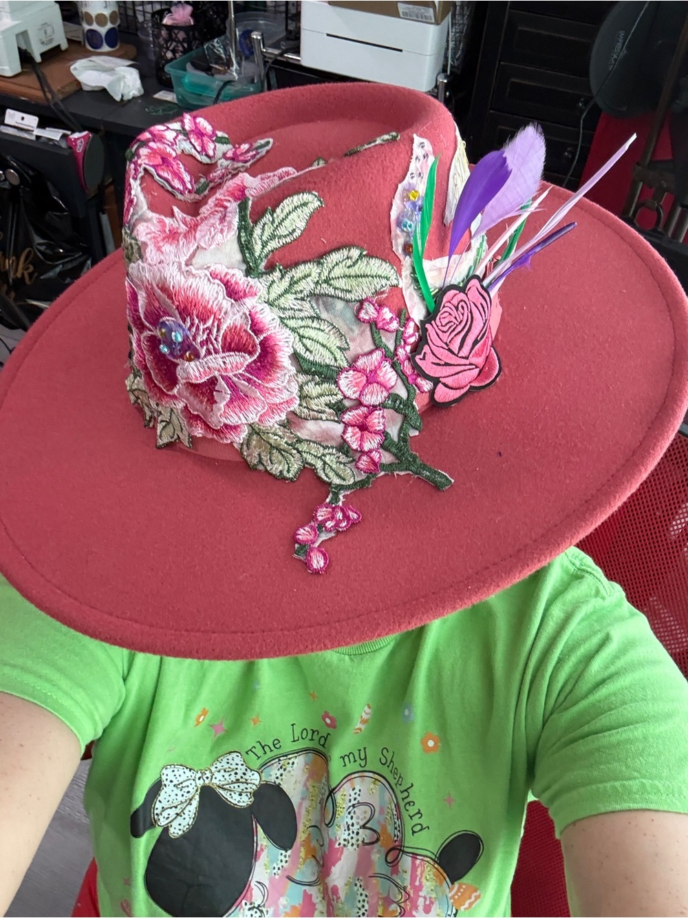 Embellished Pink Floral Wide-Brim Fedora Hat